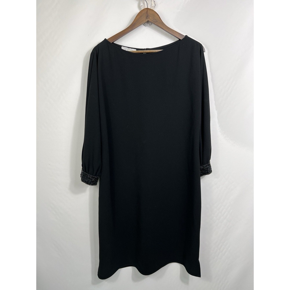 Rickie Freeman Teri Jon Dress Womens 10 Black Shift Beaded Cuff Cocktail Evening